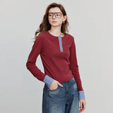 TOYOUTH Long Sleeve T-shirt 2025 Autumn New Spliced Plaid Cotton Slim Fit Short Base Shirt Tops