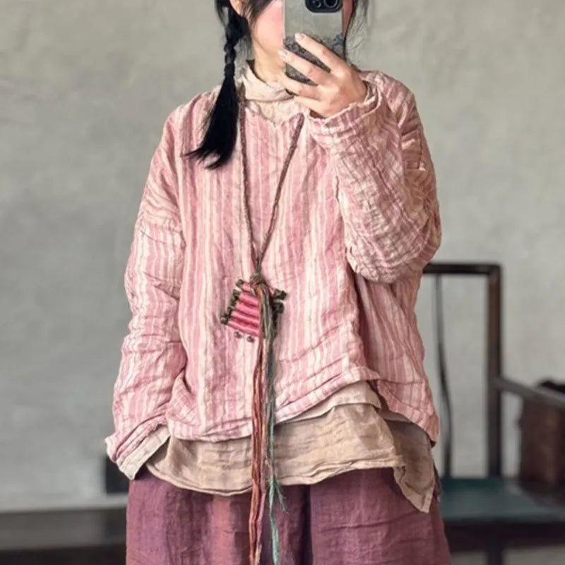 Johnature Women Vintage Striped T-Shirts V-Neck Long Sleeve Loose Linen Tees 2025 New Spring Chinese Style Female T-Shirts