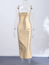 Party Dress Women's Metallic Gold Bandage Dress Spaghetti Straps Square Neck Bodycon Maxi Dresses Club Wear Evening Gown Clothes
