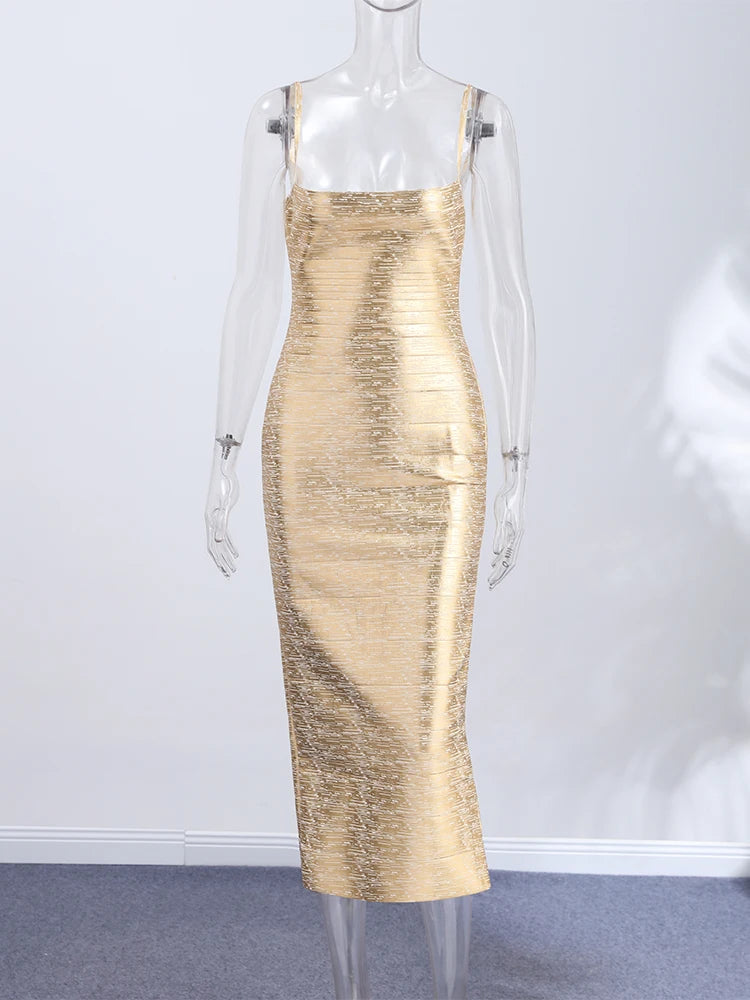 Party Dress Women's Metallic Gold Bandage Dress Spaghetti Straps Square Neck Bodycon Maxi Dresses Club Wear Evening Gown Clothes