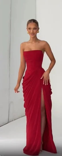Elegant Yellow Strapless Pleated Dress Women Chic Sleeveless Waist Cinching Split Maxi Gowns Lady Evening Party Dresses 2026 New