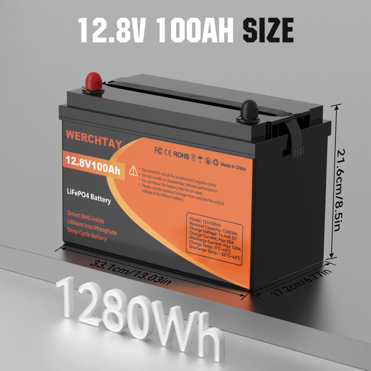 WERCHTAY 12V 100Ah LiFePO4 Lithium Battery for Camping 25000 Cycles Safe Lithium Power for RV Solar System With BMS Protection