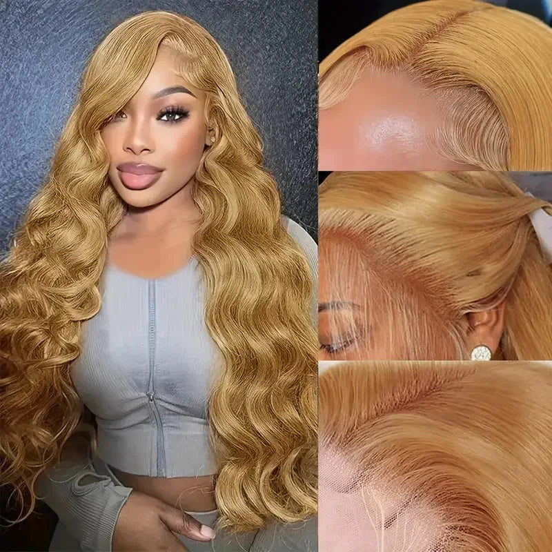 Body Wave 27 Honey Blonde Human Hair Wig 13x6 13x4 Transparent Lace Frontal Wig 220 Density Brazilian Loose Body Wave PrePlucked