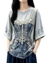 Fashionable Heavy-Duty Beaded Loose T-Shirt Women's Summer New Arrival Korean Style round Neck Short Sleeve Top for Ladies
