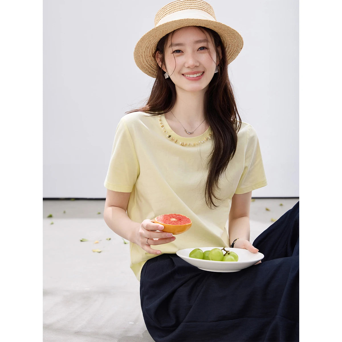 VIMLY Minimalist Office T-Shirt Women 2026 Summer New Fashion Round Neck Shell Beaded 100% Cotton Casual Short Sleeve Top A6050