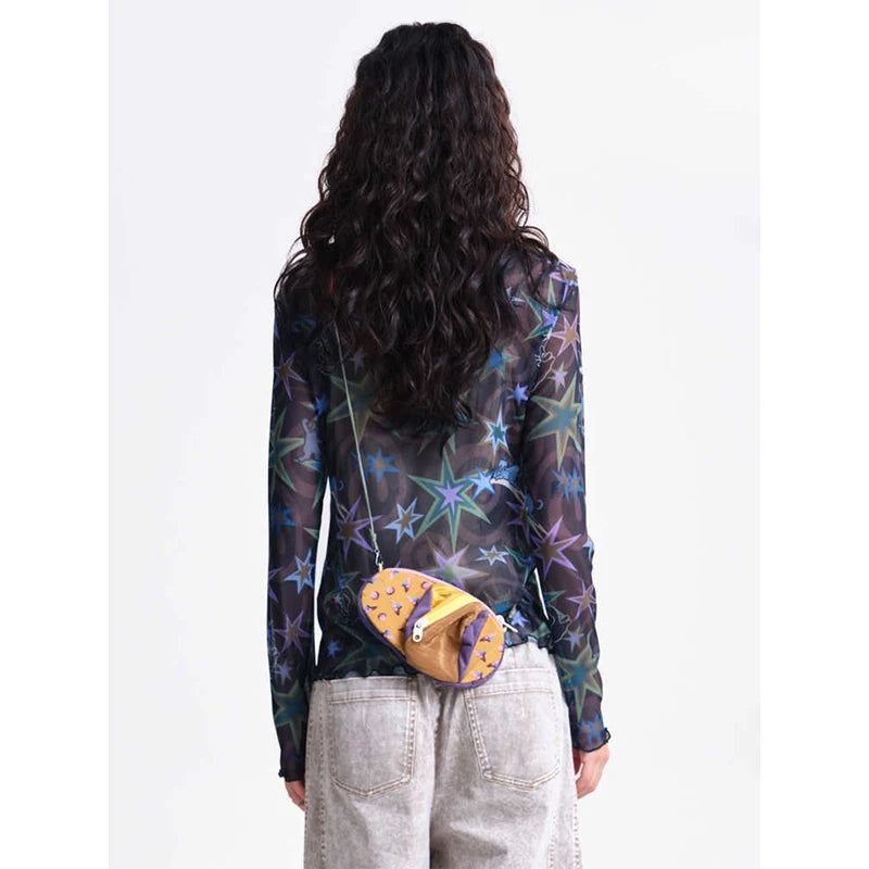 MOVEUP Long-Sleeved Crew Neck Top, Spring 2026 New Geometric Print Mesh Ruffled Hem Personalized Casual Top For Women 3ELC10535