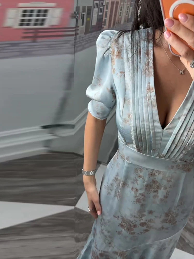 Elegant Floral Printed Satin Dress Pleated V-Neck Short Puff Sleeve Bodycon Dresses 2026 Spring Women Vintage Vacation Chic Gown
