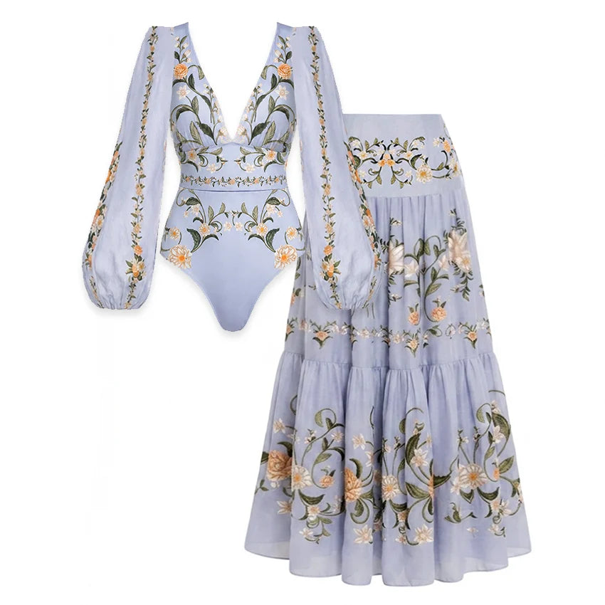 Flaxmaker Women Swimsuit Sets Summer V Neck Long Sleeves Printed Beachwear Women Brazilian Swimwear 2026 Biquini conjunto de