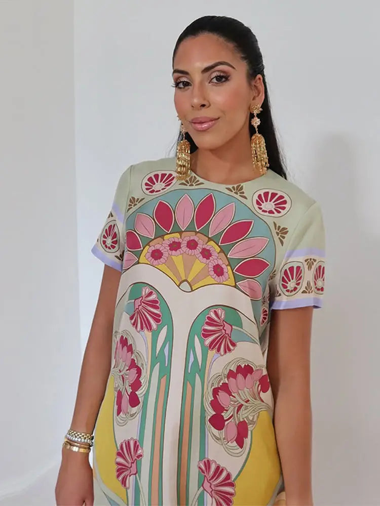 Printed Spliced Feather Tassel Hem Dress Half Sleeve O-neck Loose Maxi Dresses 2026 Summer Fashion Elegant Party Women Outwear