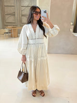 Elegant White Hollow Out Embroidery Long Dress Women V Neck Puff Sleeve Loose Maxi Dresses 2026 Autumn Casual Daily Party Robes