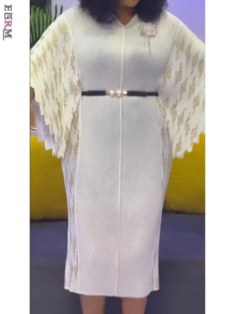 EGRM High-end Pleated Dresses For Women Traditional Clothing Batwing Sleeve V-neck Print Gown Maxi Long Dress 2025 New 7R6192