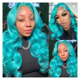 Teal Color Human Hair Wig Brazilian Remy Body Wave Lace Front Wig Pre Plucked Cyan Green 13x6 Hd Lace Frontal Wigs For Women 30"