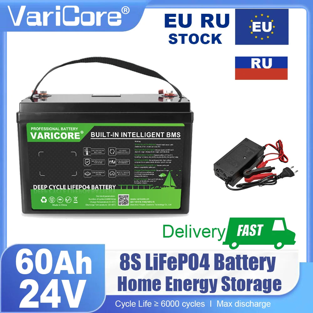 VariCore 24V 100Ah 60Ah LiFePO4 Battery 8-series Lithium Iron Phosphate for Boat Golf Cart Car Lighter Batteries 29.2V Duty-free