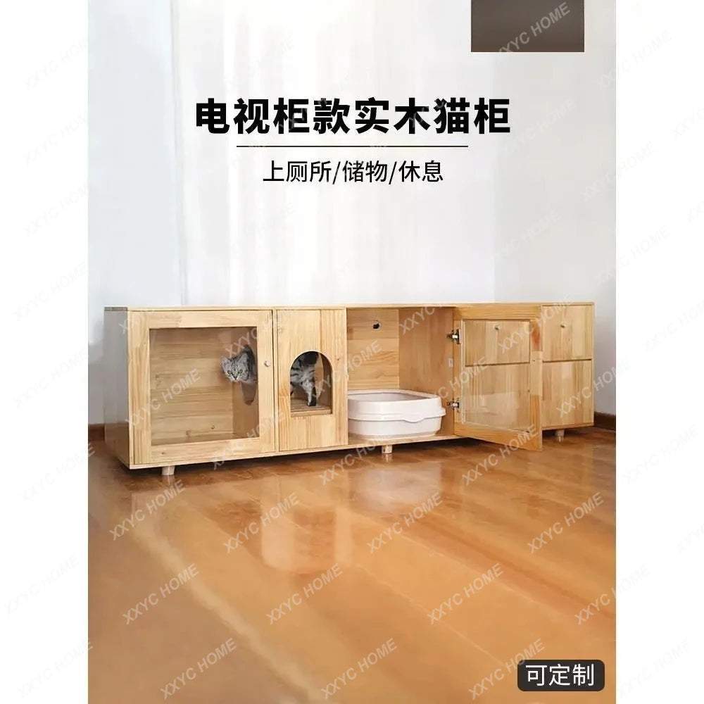 Cat Cage Super Large Free Space Solid Wood Indoor Home Warm Cat Cabinet TV Cabinet Cat Nest Toilet Integrated