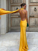 Sexy Satin Ribbon Party Dress Women Elegant Halter Backless Off Shoulder Sleeveless Female Dresses 2026 Summer Solid Robe Gown