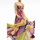 Summer Hollow Pattern Printed Long Dresses Casual Sleeveless Swing Beach Dress Sexy Off Shoulder High Waist Pleated Party Dress