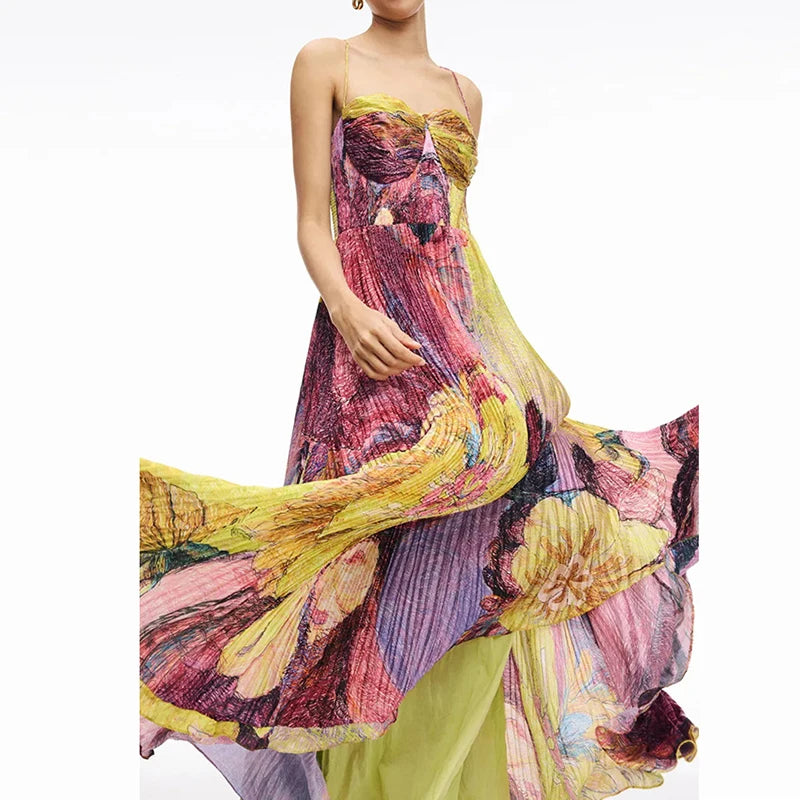 Summer Hollow Pattern Printed Long Dresses Casual Sleeveless Swing Beach Dress Sexy Off Shoulder High Waist Pleated Party Dress