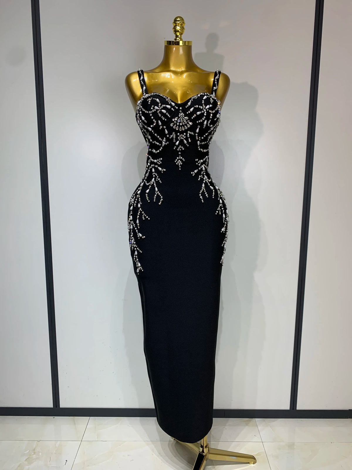 Women Sexy V Neck Black Beading Maxi Long Bodycon Bandage Dress 2025 Celebrity Elegant Evening Club Party Luxury Birthday Dress