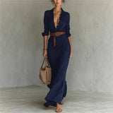 Women's Fashion Solid Holiday Party Dress Elegant Lapel Button Draped Long Dress Casual Long Sleeve Match With Belt Shirt Dress