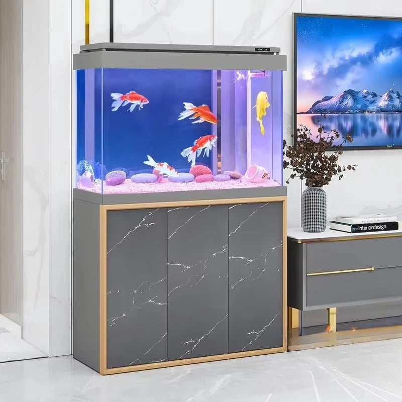 All-in-One AquariumNew Modern Luxury Marble-patterned Ultra-clear Glass Large Cabinet Bottom-filter Fish Tank Smart Aquarium For