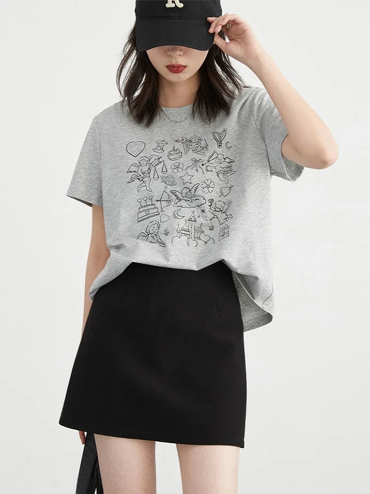 CHIC VEN Korean Fashion Women T-Shirts Loose New O Neck Short Sleeve Printed Girl Tees Slim Female Top Spring Summer 2026
