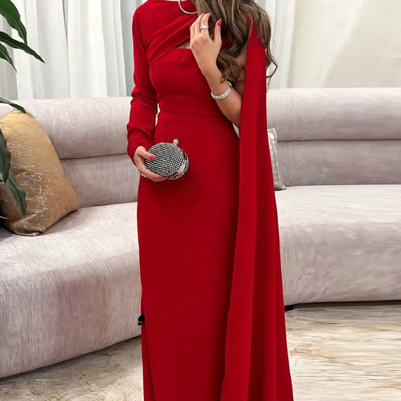 Sexy Asymmetric Hollow Out Party Dress Women New Ribbon Long Sleeve Evening Dress Elegant Long Sleeve Full Length Gala Dress