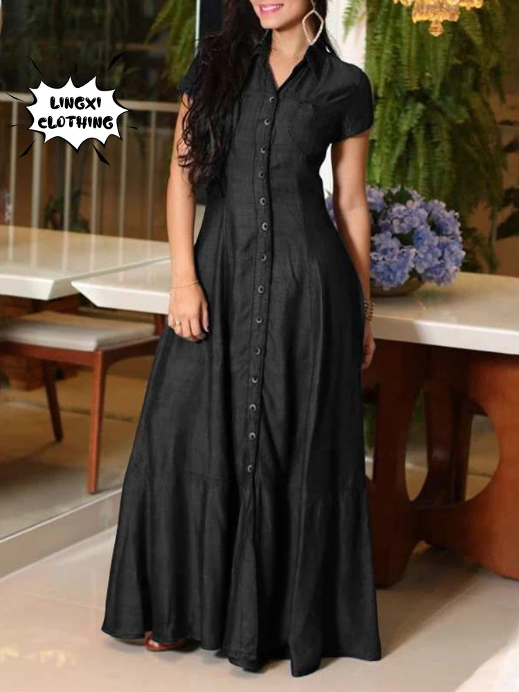 2023 Fashion New Long Dress Shirt Neck Pocket Large Swing Dress Casual Elegant Temperament Single Breasted Denim Dress