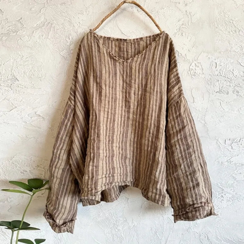 Johnature Women Vintage Striped T-Shirts V-Neck Long Sleeve Loose Linen Tees 2025 New Spring Chinese Style Female T-Shirts