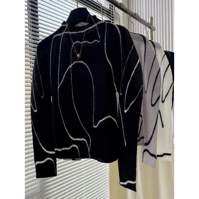 Miyake Pleated T-Shirt 2026 Spring Niche Design Personality Versatile Long Sleeve Pleats Print Top High Neck Slim Fit T-Shirt