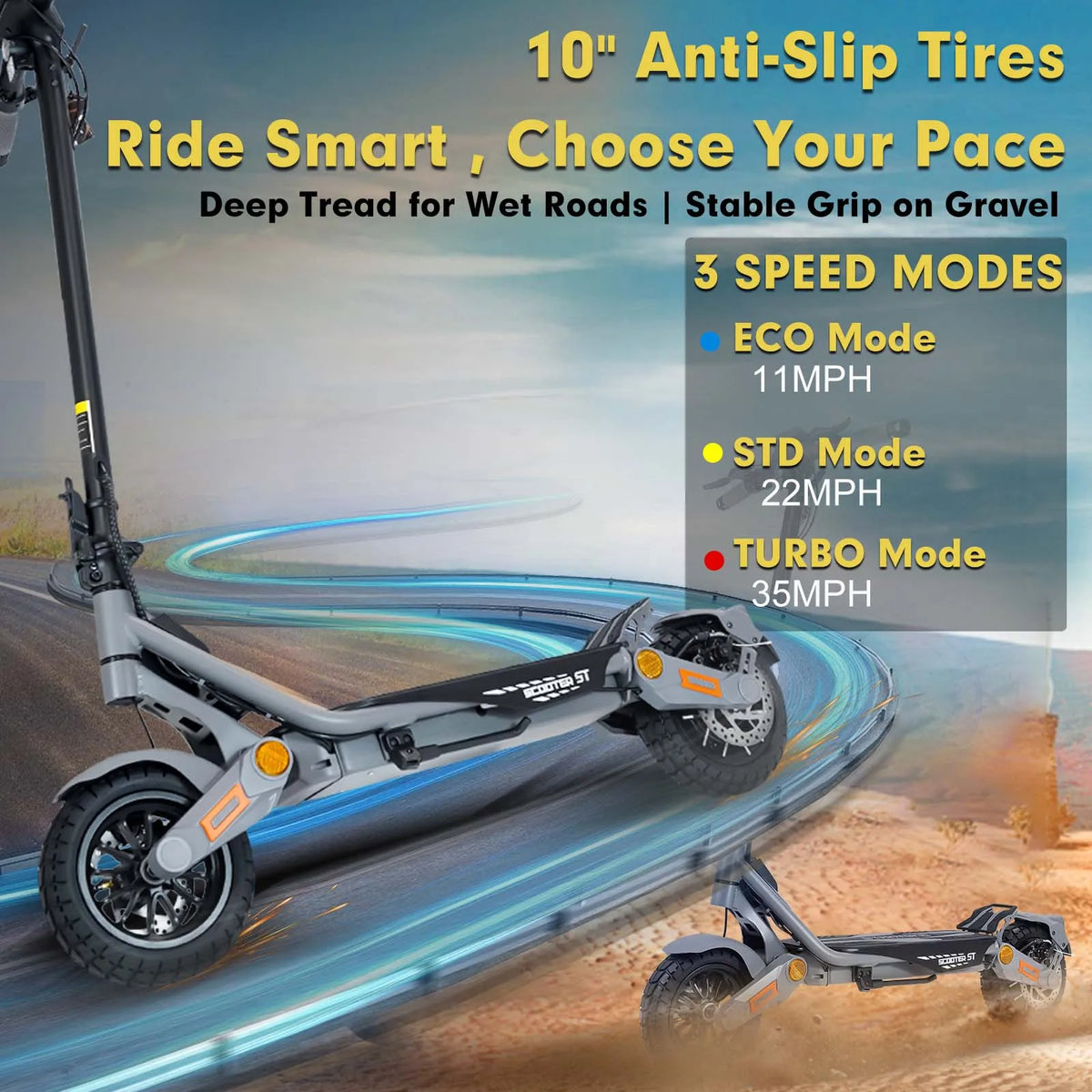 Electric Scooter ST 1200W Motor for Adults, 48V Battery, 35mph Max Speed,10 Inch Tires