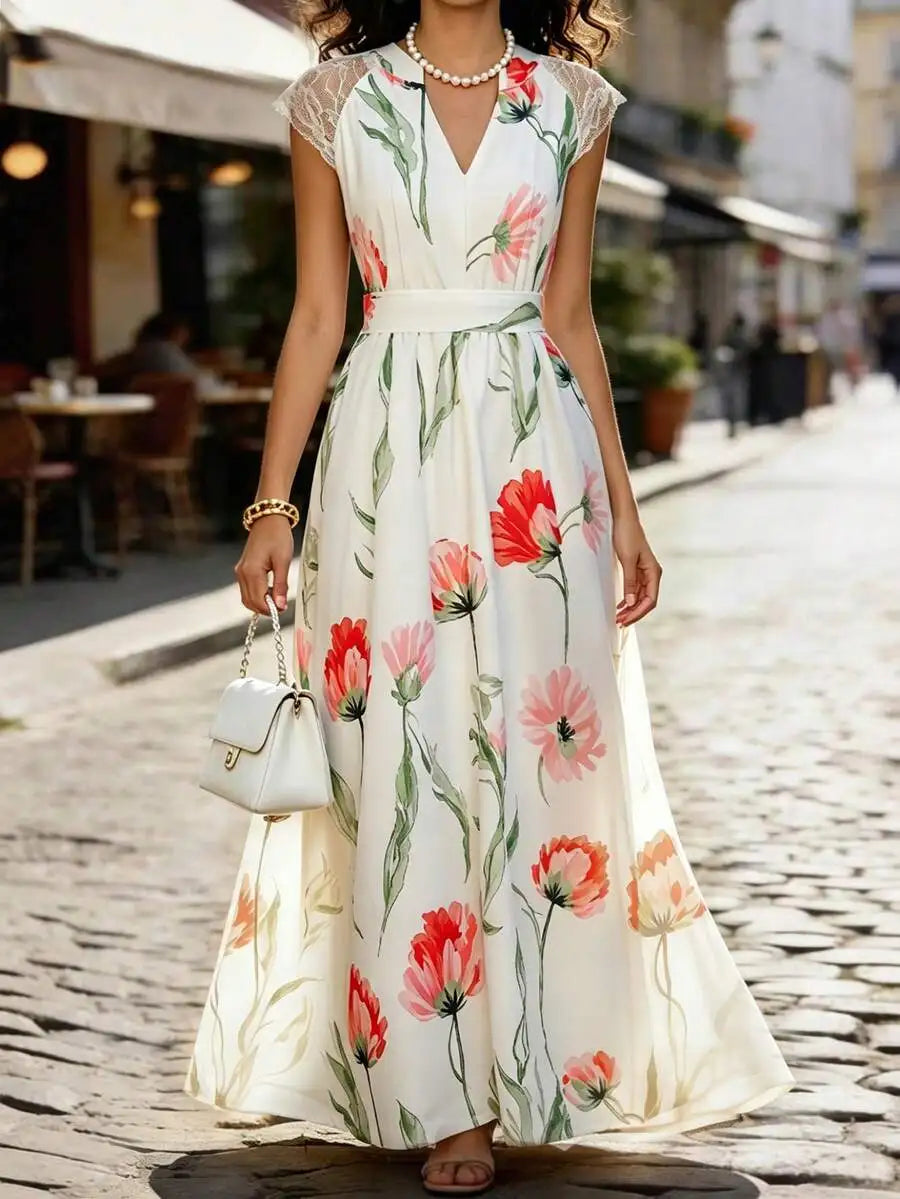 Women's Spring/Summer Floral Print Flower Ruffle Hem A-Line Dress, Elegant Sexy Golf White