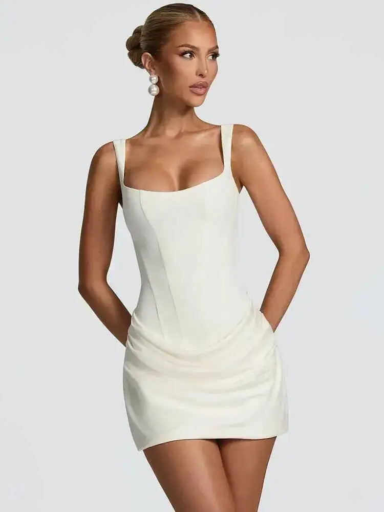 Mozision Backless Ruched Sexy Mini Dress Women Elegant Tapered Straps Square Collar Sleeveless High Waist Club Party Dress