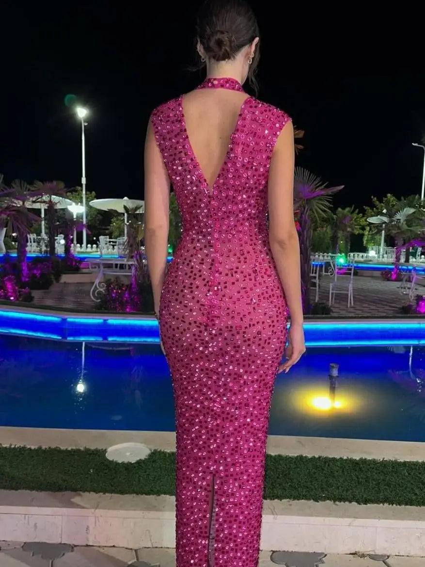 Sparkly Rhinestone Sleeveless Stretchy Mesh See Through Long Dress Women Luxury Evening Prom Gown Singer Dancer Show Stage Wear