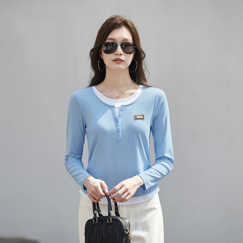 Deep Blue Long Sleeved T-Shirt for Women's Autumn New High-End Cotton Fashion Plus Size V-Neck Fake Two Piece Casual Top