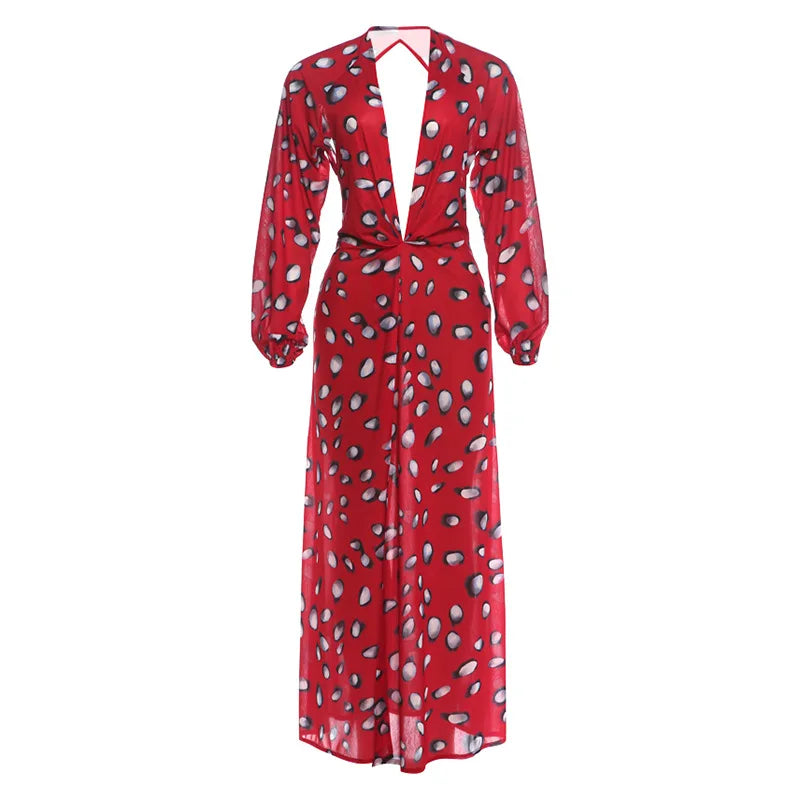 Woman Tiger Stripe Print Deep V-neck Dress Sexy Backless Long Sleeve Dresses 2026 Summer Vacation Beach Party Elegant Vestidos