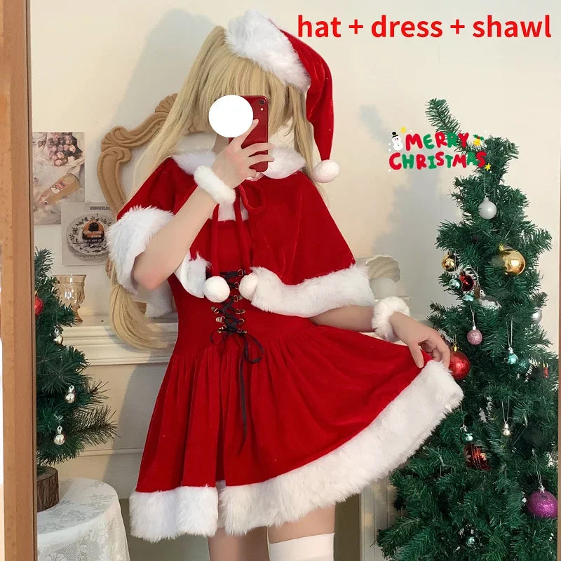 Autumn Winter Cute Christmas Red Shawl Dress Women Sweet Plush Patchwork Drawstring Party Mini Dress Female Kawaii Cloak Vestido