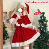 Autumn Winter Cute Christmas Red Shawl Dress Women Sweet Plush Patchwork Drawstring Party Mini Dress Female Kawaii Cloak Vestido