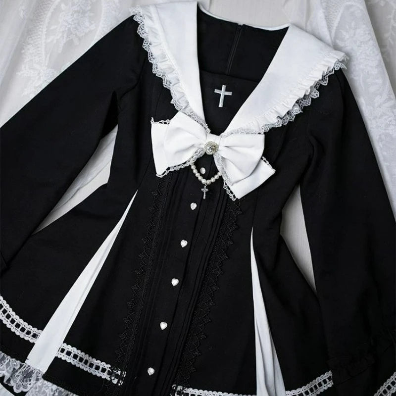 Japanese Gothic Y2k Lolita Style Bow Dress Shorts Set Women Elegant Lace Long Sleeve Button Shirt Party Dresses Slim Mini Dress