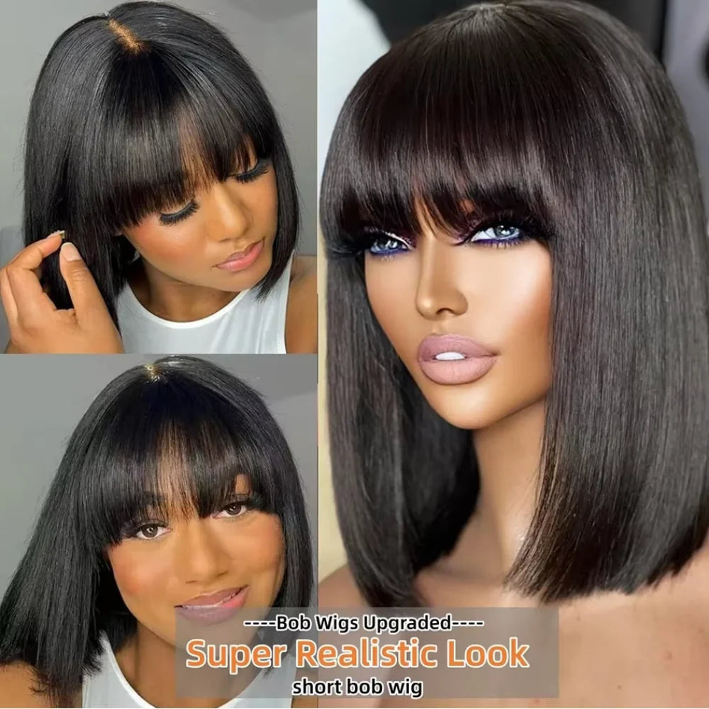 Short Straight Bob Wig Human Hair with Bangs 3x1 Lace Middle Part Full Machine Made Natural Black Wig for Black Women