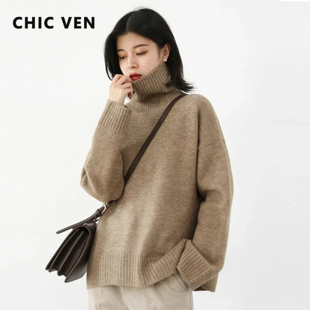 CHIC VEN Women's Sweater Autumn Winter New Turtleneck Knit Pullover Loose Clothes for Women Warm Solid Basic Female Tops 2026