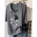 Women's Clothing Cartoon Jacquard Loose T-shirt Summer Casual Knit Short Sleeve Tees Lady Basic Large Size turn-down Collar Tops