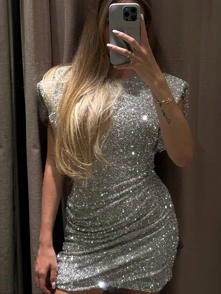 Women Sexy Sequin Round Neck Mini Dress Chic Sleeveless Shoulder Pads High Waist Slim Vestido Casual New Lady Evening Party Gown