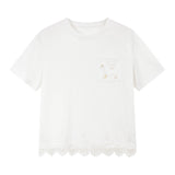 VIMLY French Simple White Short Sleeve Tee Women 2026 Summer Shell Pocket Lace Hem Loose Casual Mid-Length Knit T-shirt A6228