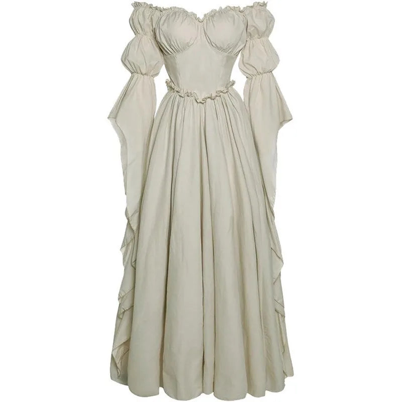 Women's Renaissance Gothic Court Off Shoulder Maxi Dress Vintage Ruffle Hem Medieval Victorian Stage Performance Costume Gown