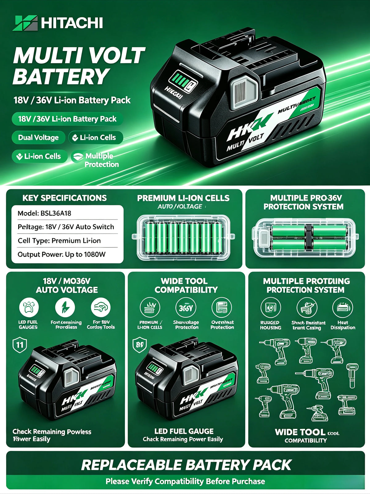 Hitachi HiKOKI 18V/36V 5.0Ah Lithium Battery BSL1840 BSL1850 Fit DS18DSL C18DSL High Power Long Runtime Power Tool Battery