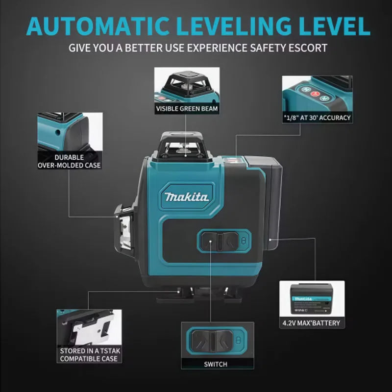 Makita Cordless Self-Leveling Laser Tool 360° Horizontal & Vertical Green Beam High-Precision Portable Wall Mounted Cross Level