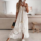 Summer Women Lace Strapless Flared Maxi Dress Solid White Long Dress Sleeveless V Neck Flowy Ruffle Bohemian Dresses
