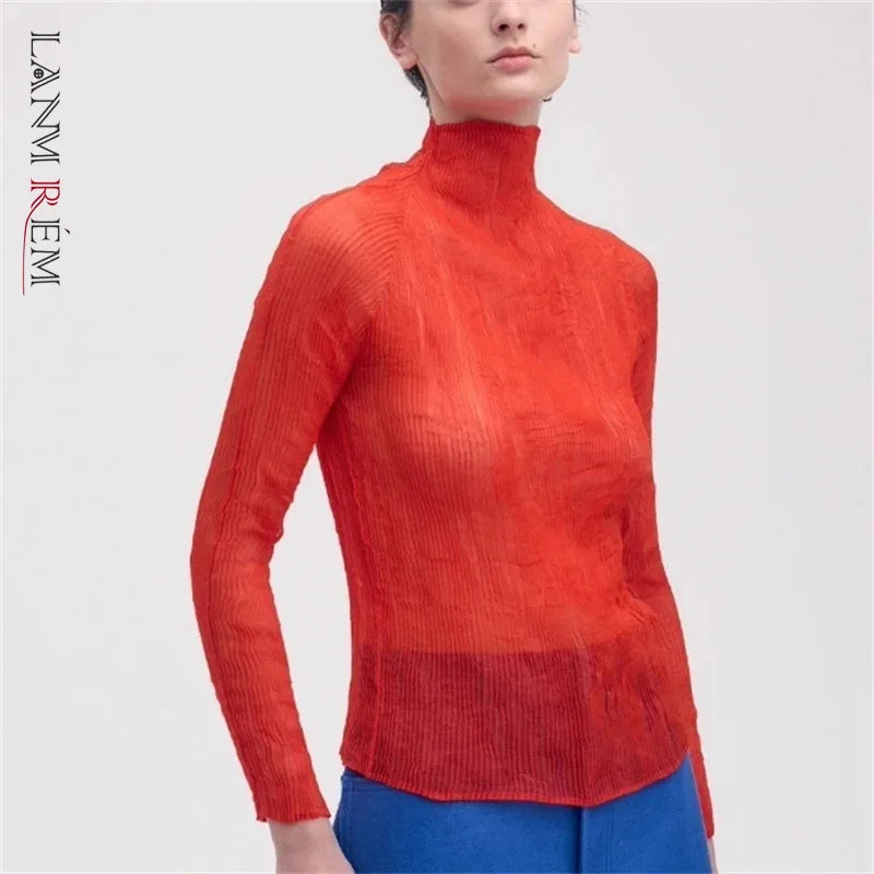 LANMREM Turtleneck Long Sleeve Pleated Women's T-shirt High Elastic Slimming Fashion Semitransparent Pullover Tops 2DB6192