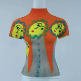 LANMREM niche printting short sleeve pleated t-shirt tee for famle 2025 summer new trend stretch Turtleneck tops women YJ782