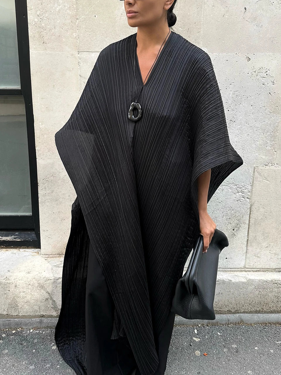 Miyake Pleated Medium Length V-neck Women's Loose Drooping Blouse Dress